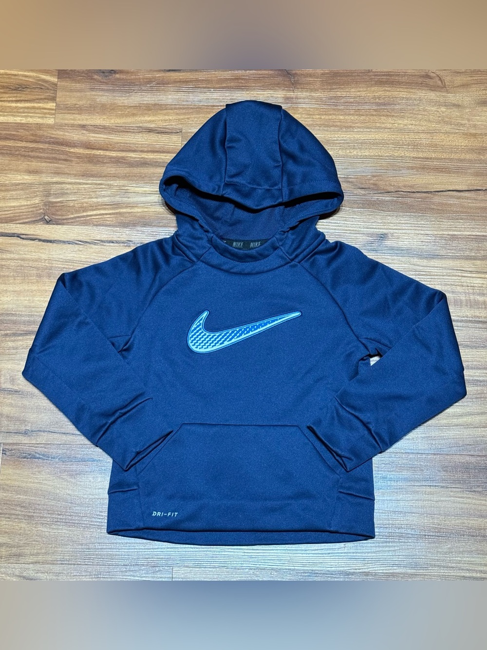 Nike Navy Dri-FIT Pullover Hoodie with Light Blue Swoosh Kids Size 5/S